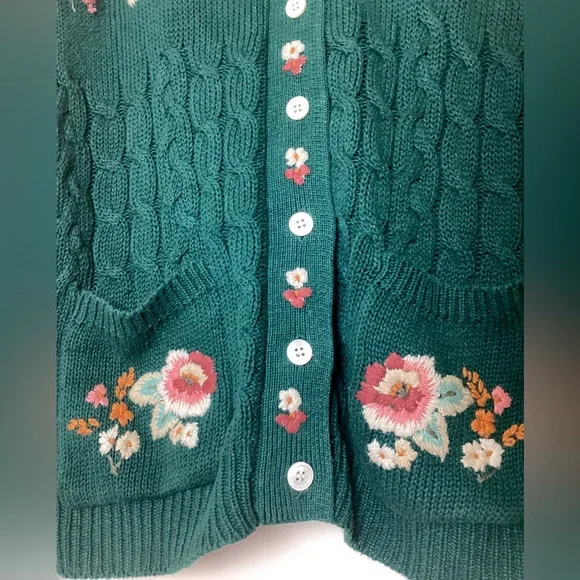 Carroll Reed Vtg Cable Knit Embroidered Cardigan L Floral Chunky Granny Cottage - Picture 5 of 13